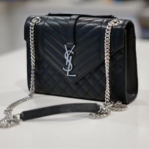 Saint Laurent Envelope Medium Quilted Leather Crossbody in Black/Silver